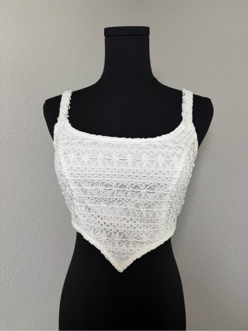 American Threads White Crochet Handkerchief-Hem Crop Top